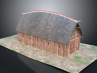 Traditional Wooden Building With Curved Gray Tile Roof And Red Edge Decoration 3d model