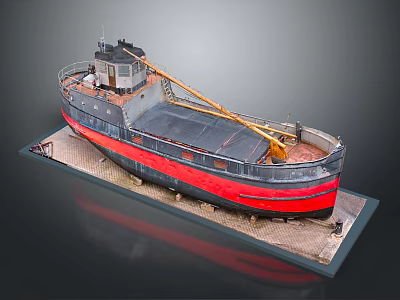 Vintage Wooden Boat Model With Black Red Hull And Yellow Crane On Display Base 3d model