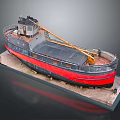 Vintage Wooden Boat Model With Black Red Hull And Yellow Crane On Display Base