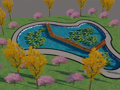 Garden Landscape with Pond Water Lilies Wooden Bridge and Colorful Trees on Grass 3d model