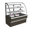 Three Tiered Black White Kitchen Appliance Display Case With Curved Glass And White Cakes