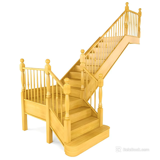 Wooden Staircase With Classic Railing And Carved Balusters For Home Interior 3d model 