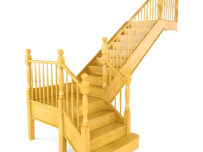 Wooden Staircase With Classic Railing And Carved Balusters For Home Interior 3d model