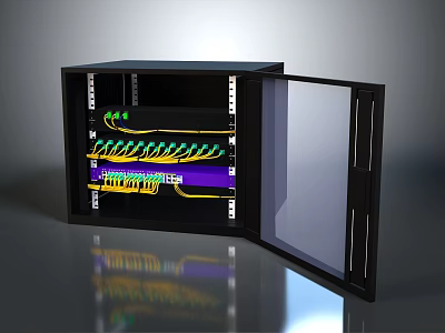 Black Computer Server Cabinet Featuring Organized Colorful Cables And Open Door Design 3d model