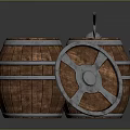 Medieval Wooden Shield With Metal Accents And Barrels In Background