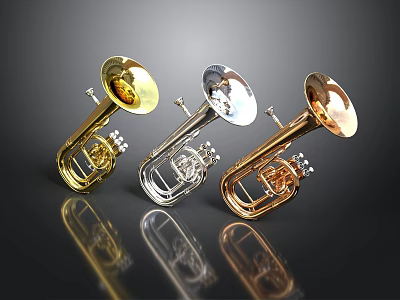 Three Decorative Shiny Trumpets In Gold Silver Copper As Living Supplies 3d model
