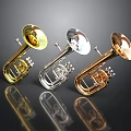 Three Decorative Shiny Trumpets In Gold Silver Copper As Living Supplies