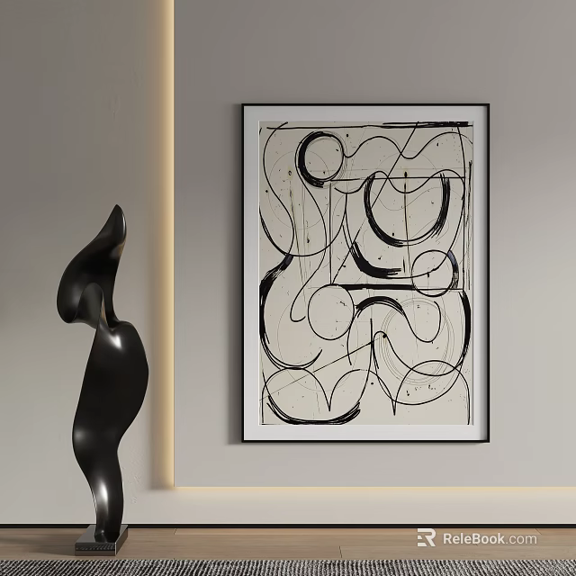 Modern Black Sculpture Carving with Abstract Line Artwork in Interior Setting 3d model