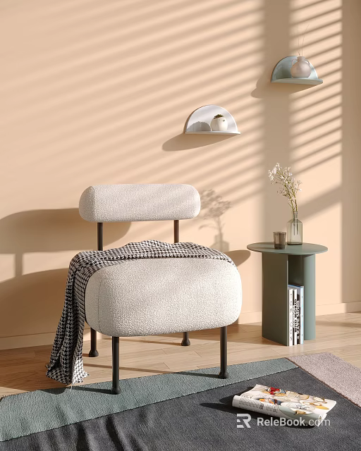 Single Sofa With Checkered Blanket And Round Side Table Against Beige Wall With Sunlight Shadows 3d model