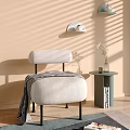 Single Sofa With Checkered Blanket And Round Side Table Against Beige Wall With Sunlight Shadows 3d model