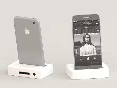 Apple Smartphone On White Charging Dock With Screen Displaying Media Player Interface 3d model