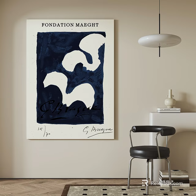 Chagall Abstract Artwork In Modern Interior With Black Chair And Pendant Light 3d model