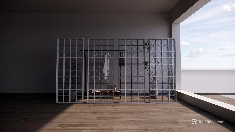 White Grid Partition Wall in Room with Wooden Floor Natural Light and Potted Plant 3d model 