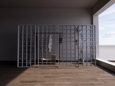 White Grid Partition Wall in Room with Wooden Floor Natural Light and Potted Plant 3d model