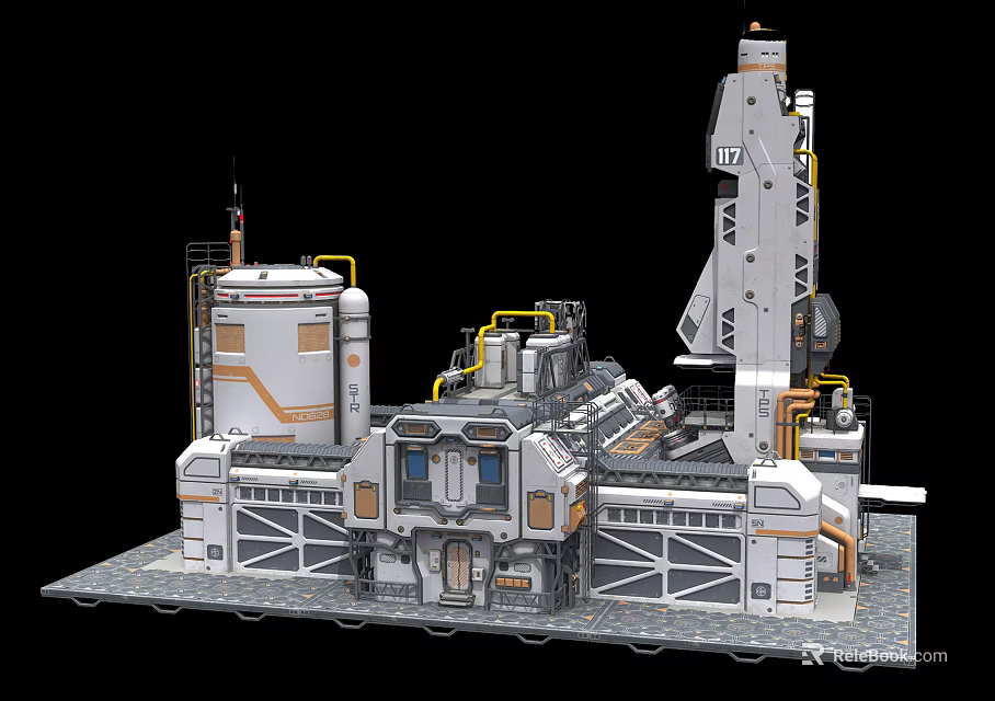 Cartoon Sci Fi Industrial Scene With Tower Structures Pipes Platforms White Orange Gray Base 3d model