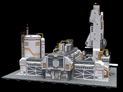 Cartoon Sci Fi Industrial Scene With Tower Structures Pipes Platforms White Orange Gray Base 3d model