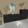 Modern Dark Grey Dressers With Decorative Plants Artwork And Round Woven Rug