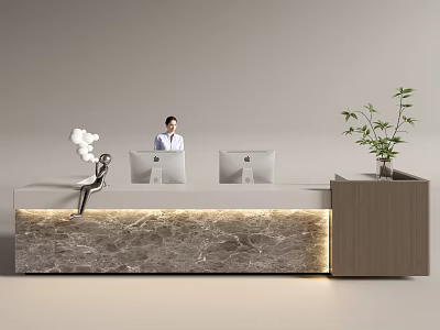 Modern Front Desk Reception with Receptionist Monitors Marble Countertop Decorative Sculpture and Plant 3d model