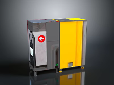 Yellow And Gray Industrial Machine With Red Arrow Ventilation Fan And Wheels 3d model