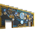 Mechanical Themed Backdrop Wall With Blue Gold Gears And Circular Patterns 3d model