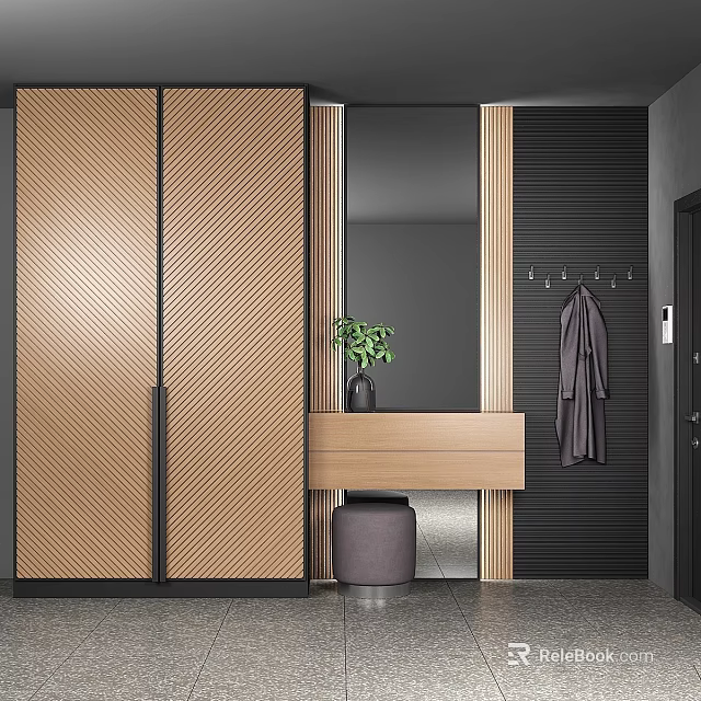 Modern Entryway Design With Herringbone Cabinet Mirror Coat Hanger And Potted Plant 3d model 