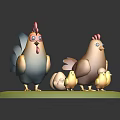 Blue Rooster And Brown Hen Standing With Yellow Chicks On Green Platform