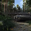Military Tank In Forest Environment Surrounded By Tall Trees And Greenery