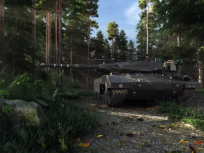 Military Tank In Forest Environment Surrounded By Tall Trees And Greenery 3d model