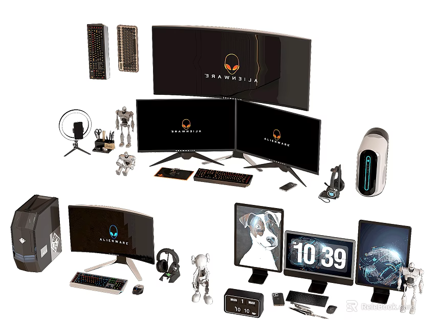 Gaming Computer Setup With Multiple Curved Monitors Keyboard Mouse Headset And Accessories 3d model 