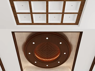 Modern Ceiling Design Featuring Square Grid And Circular Wooden Center With Embedded Lights 3d model
