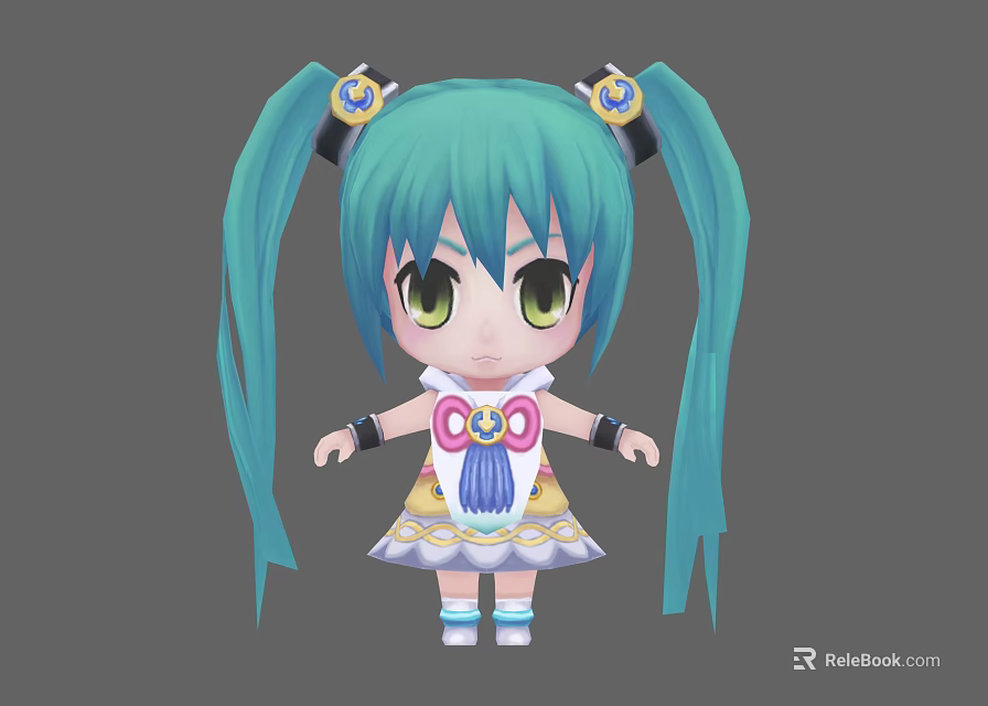 Cartoon Girl With Teal Pigtails Green Eyes Decorative Dress And Bow Hair Accessories 3d model 