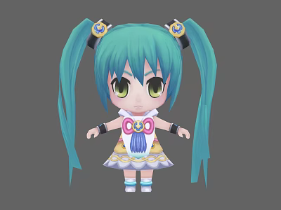Cartoon Girl With Teal Pigtails Green Eyes Decorative Dress And Bow Hair Accessories 3d model