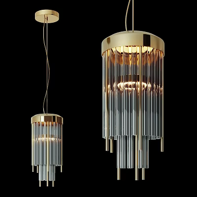 Modern Golden Chandeliers with Transparent Glass Strips Hanging and Illuminated in Modern Interior 3d model