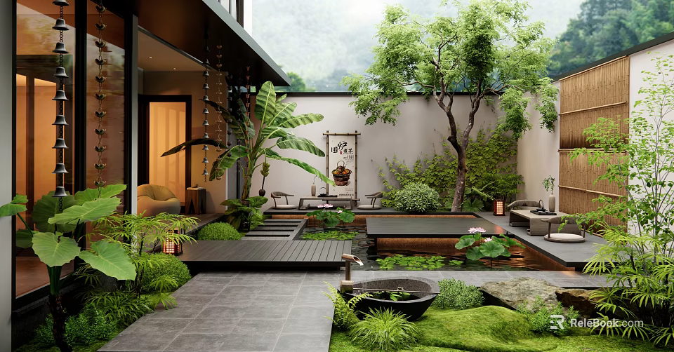 Tranquil Japanese Courtyard Garden Design With Lush Greenery Stone Pathway Water Pond And Scroll Painting 3d model 