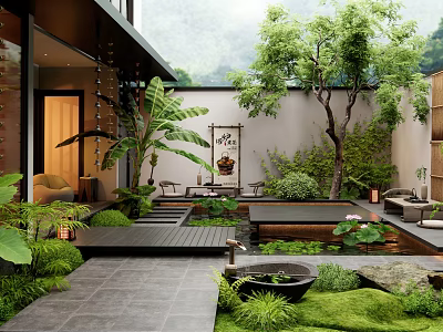 Tranquil Japanese Courtyard Garden Design With Lush Greenery Stone Pathway Water Pond And Scroll Painting 3d model