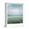Serene Seaside Landscape Painting With Floating Bubbles Green Grass And Seagulls