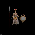 Mythical Warrior Woman in Golden Armor with Red Plume Helmet Spear and Shield