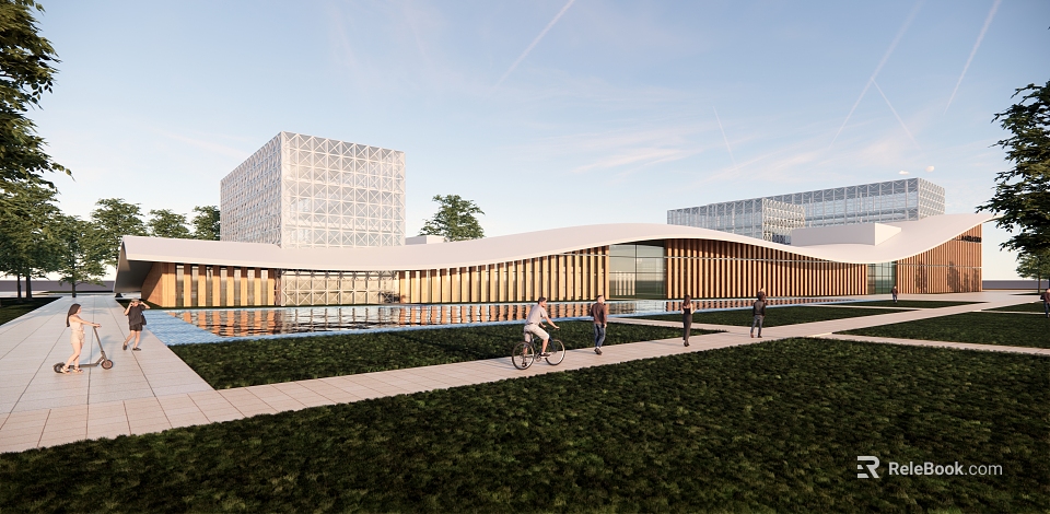 Modern Building Complex With Glass Curtain Walls Low Curved Structure Green Space Walkway And People 3d model 