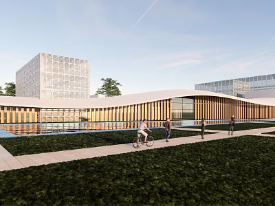 Modern Building Complex With Glass Curtain Walls Low Curved Structure Green Space Walkway And People 3d model