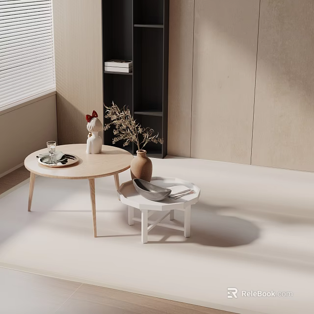 Minimalist Sofa and Coffee Table Set with Wooden White Tables Bookshelf Dried Flowers and Blinds 3d model 
