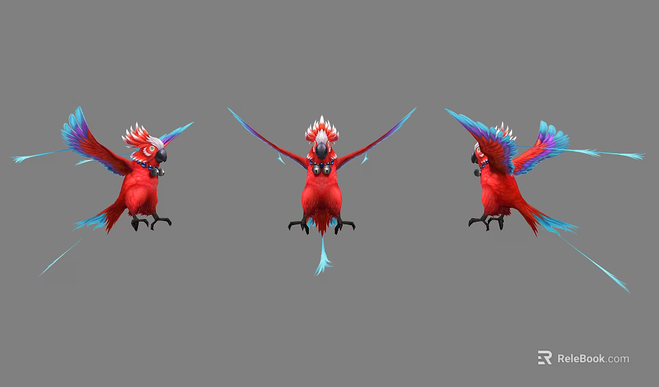 Red Parrots with Vibrant Blue Wings and Tail Feathers in Various Poses Against Gray Background 3d model 