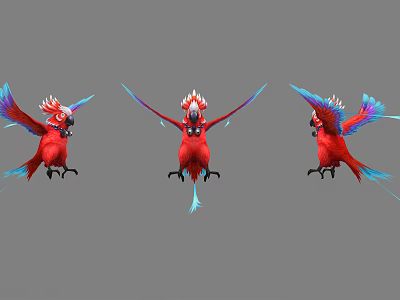 Red Parrots with Vibrant Blue Wings and Tail Feathers in Various Poses Against Gray Background 3d model
