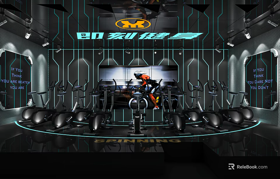 Dynamic Spinning Fitness Studio With Circular Black Bikes And Dynamic Lighting 3d model 