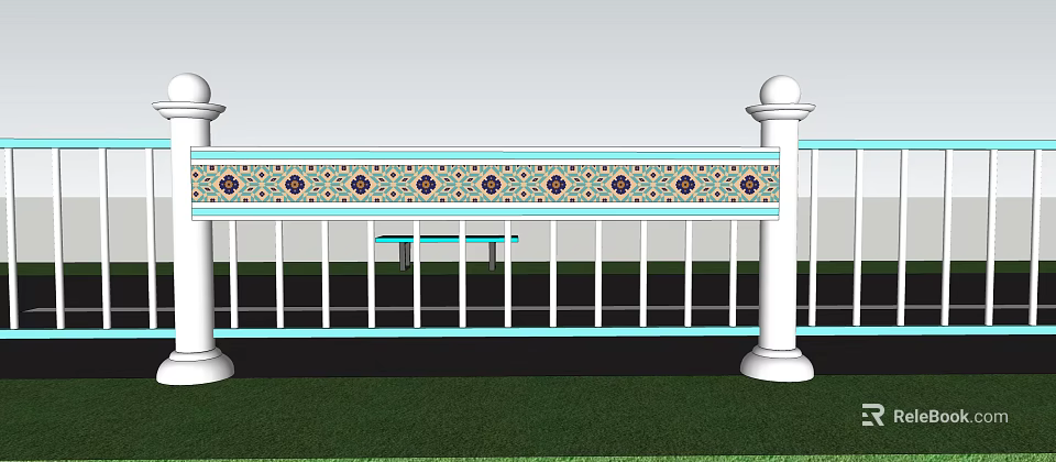 Ornamental Garden Fence With White Posts Colorful Patterned Strip And Green Grass 3d model 
