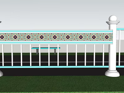 Ornamental Garden Fence With White Posts Colorful Patterned Strip And Green Grass 3d model