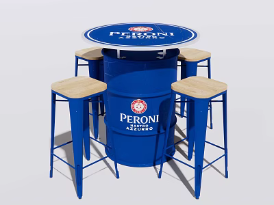 Blue Barrel Shaped Table With PERONI NASTRO AZZURRO Logo And Four Wooden Seat Bar Stools 3d model