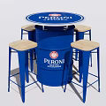 Blue Barrel Shaped Table With PERONI NASTRO AZZURRO Logo And Four Wooden Seat Bar Stools