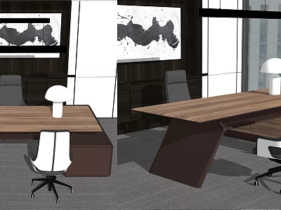 Modern Work Desk With Wooden Top Chair Lamp And Decorative Wall Paintings 3d model