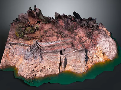 Detailed Rocky Terrain Model With Layered Earth Vegetation And Green Water 3d model