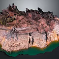 Detailed Rocky Terrain Model With Layered Earth Vegetation And Green Water
